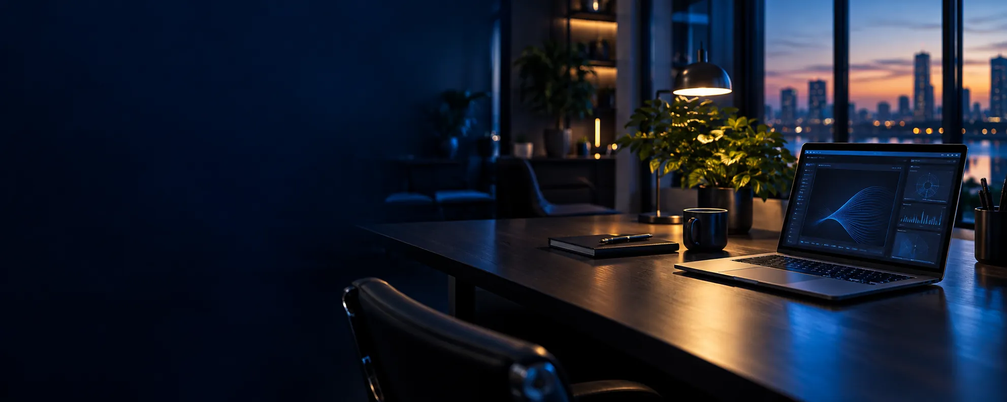 Bureau avec ordinateur portable en soirée