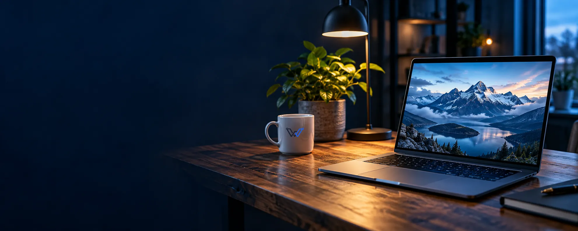 Bureau avec ordinateur portable et tasse WEBENSIS